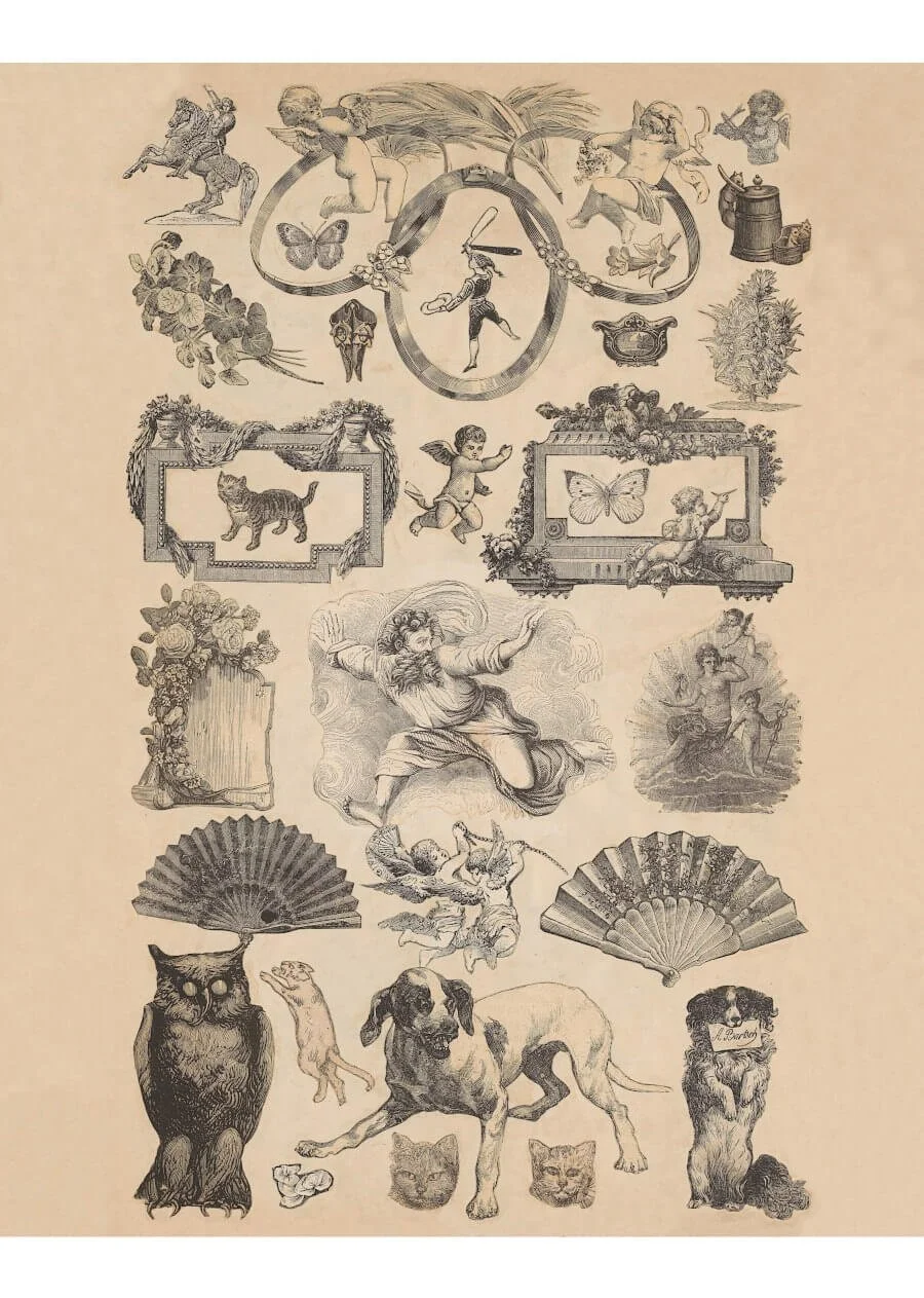 Victorian-era collage sheet featuring animals, cherubs, and decorative objects