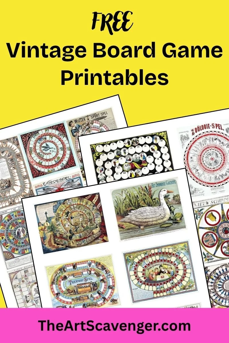 Three printable sheets of antique illustrated board games for scrapbooking, collage art, and creative journals.
