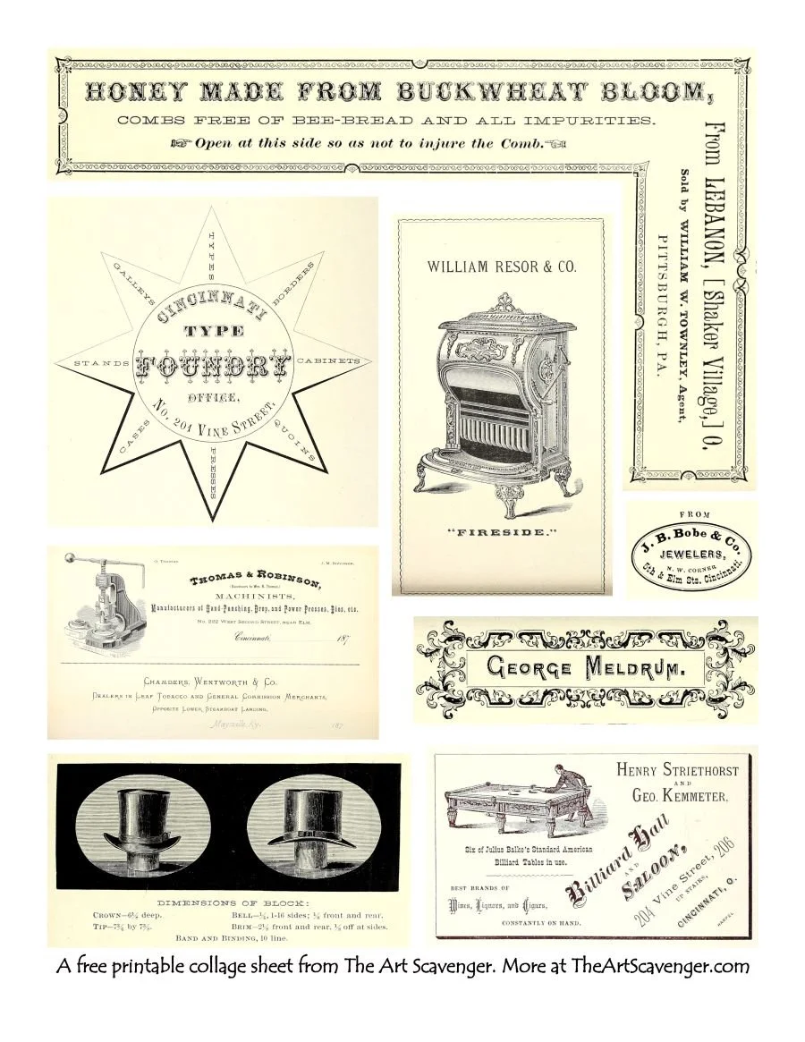 Free printable vintage labels and ads ephemera sheet for junk journaling and scrapbooking