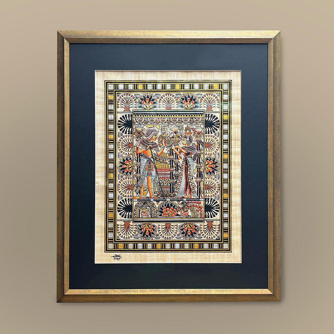 Frame your collections from travel. This papyrus paper silkscreened print was framed with a spacer under the mat for added depth and detail. Finished in bronze textured Omega Moulding frame.
