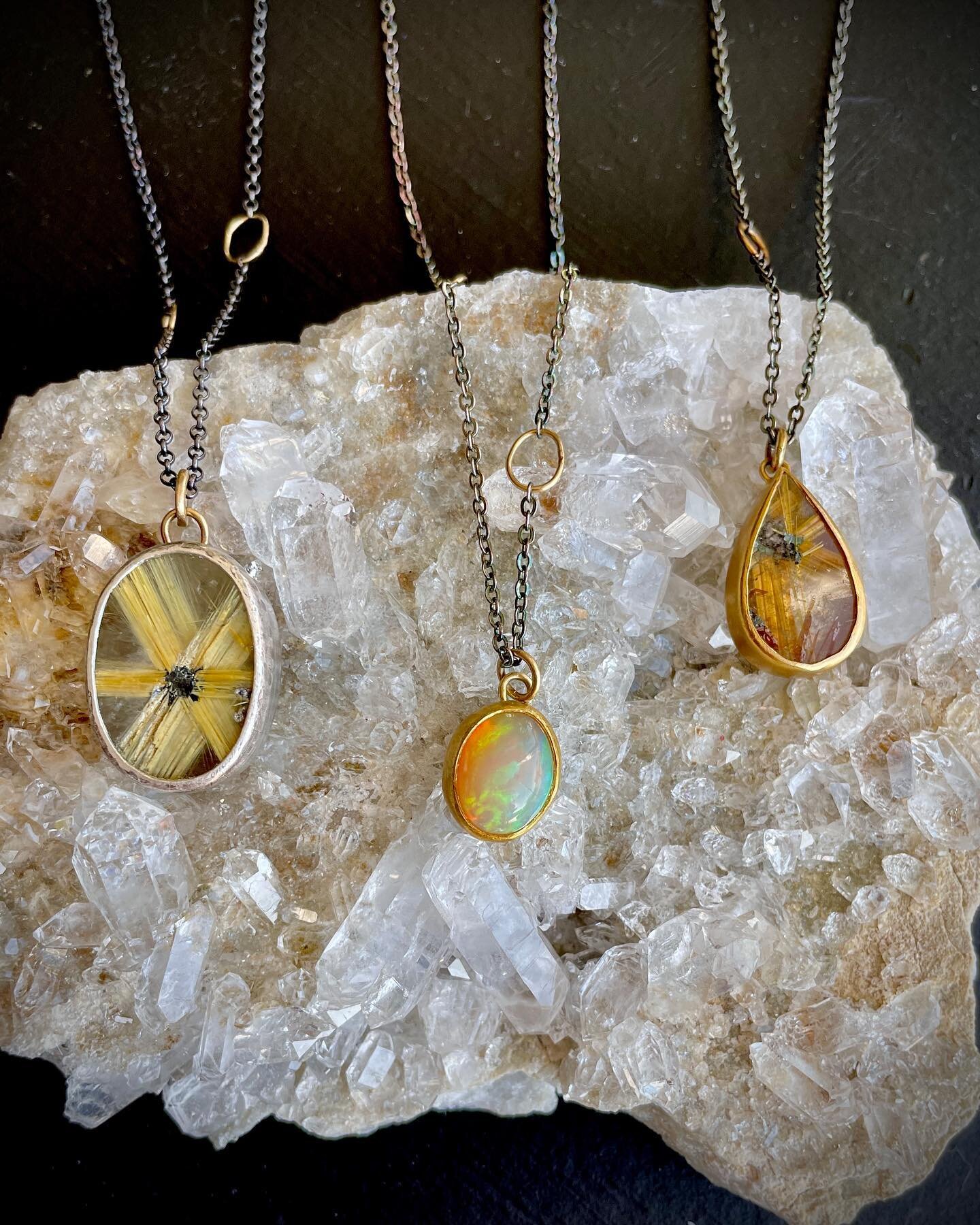 Rutilated Gold Quartz and Ethiopian Opal Pendant ✨these pieces are so versatile and perfect for everyday ✨available on website check them out #rutilatedgoldquartz #ethiopianopal #mixedmetalsjewelry #pattiramldesigns #sheboyganartist #handcraftedjewel
