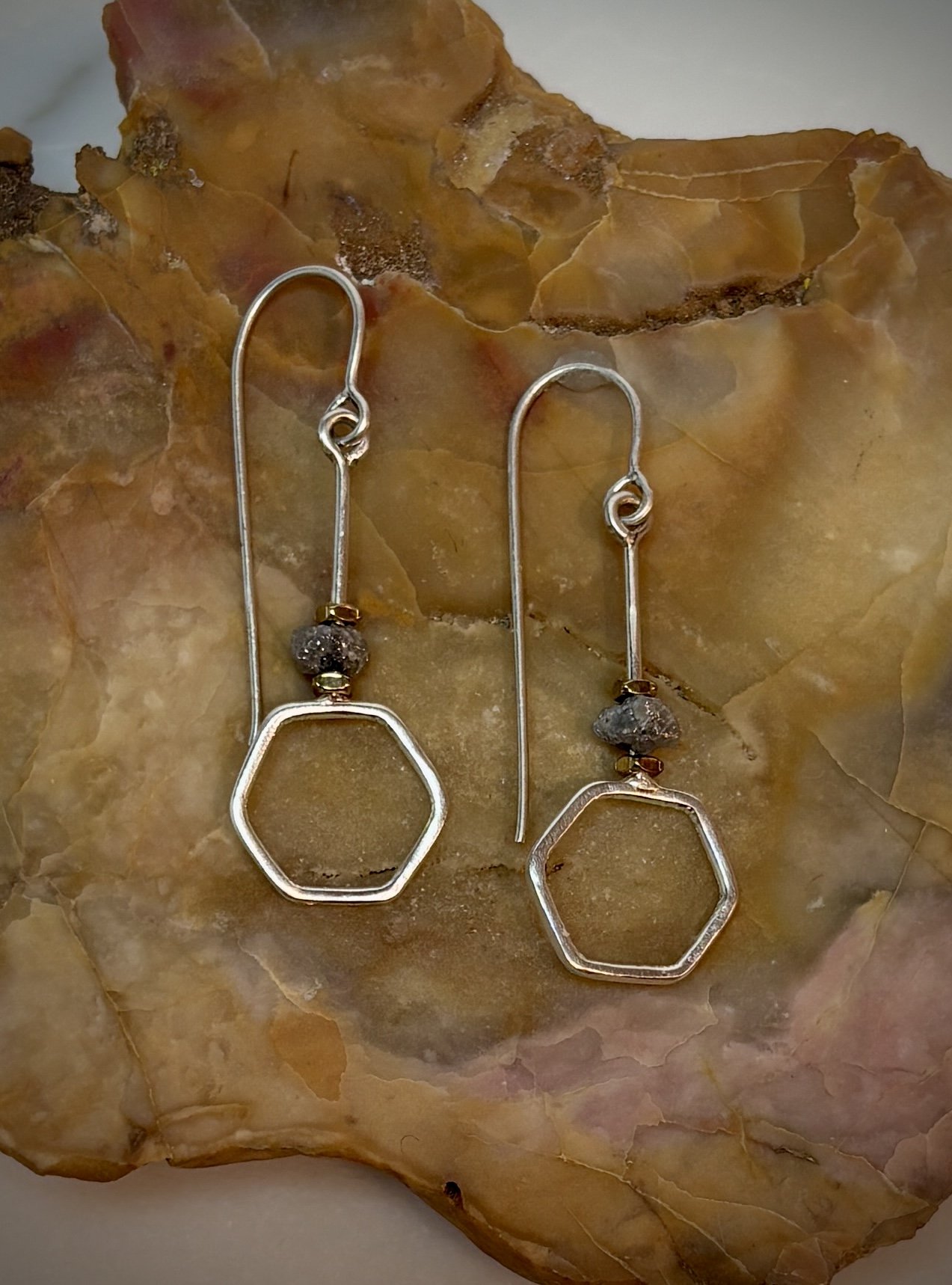 Raw Diamond Silver Hex Earrings