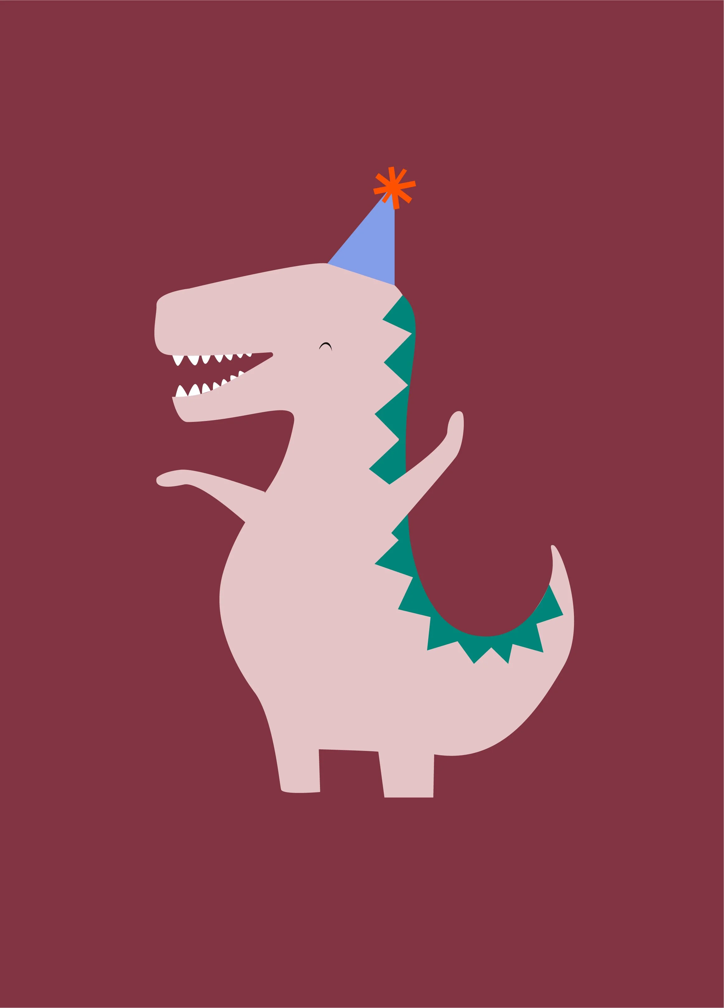 A cartoon illustration of a baby T-Rex dinosaur with green spikes along its back, wearing a blue party hat with an orange star on top, against a solid brown background.