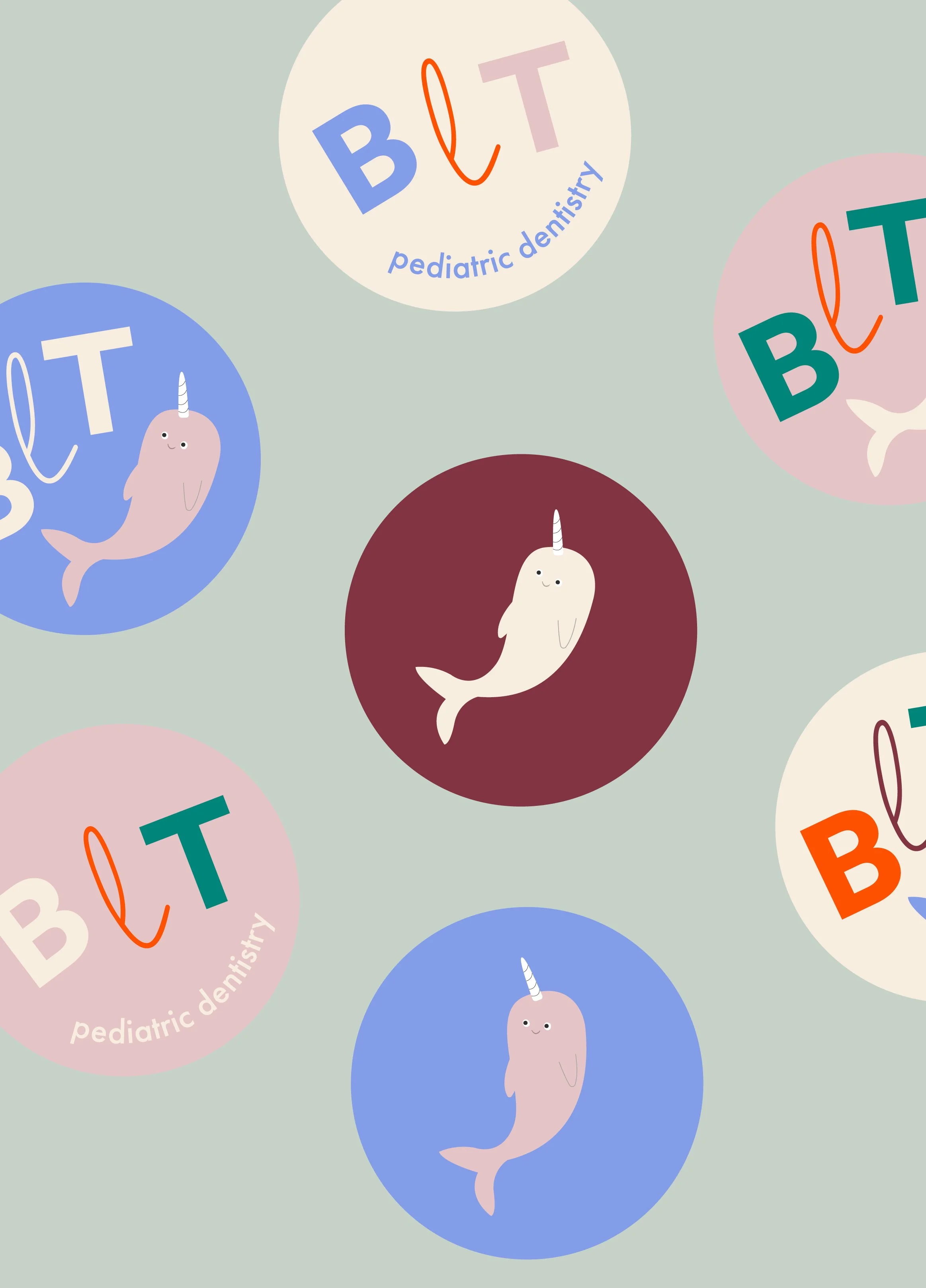Multiple colorful circles with cartoon narwhals and text that reads 'B T' and 'pedatric dentist' in playful font.