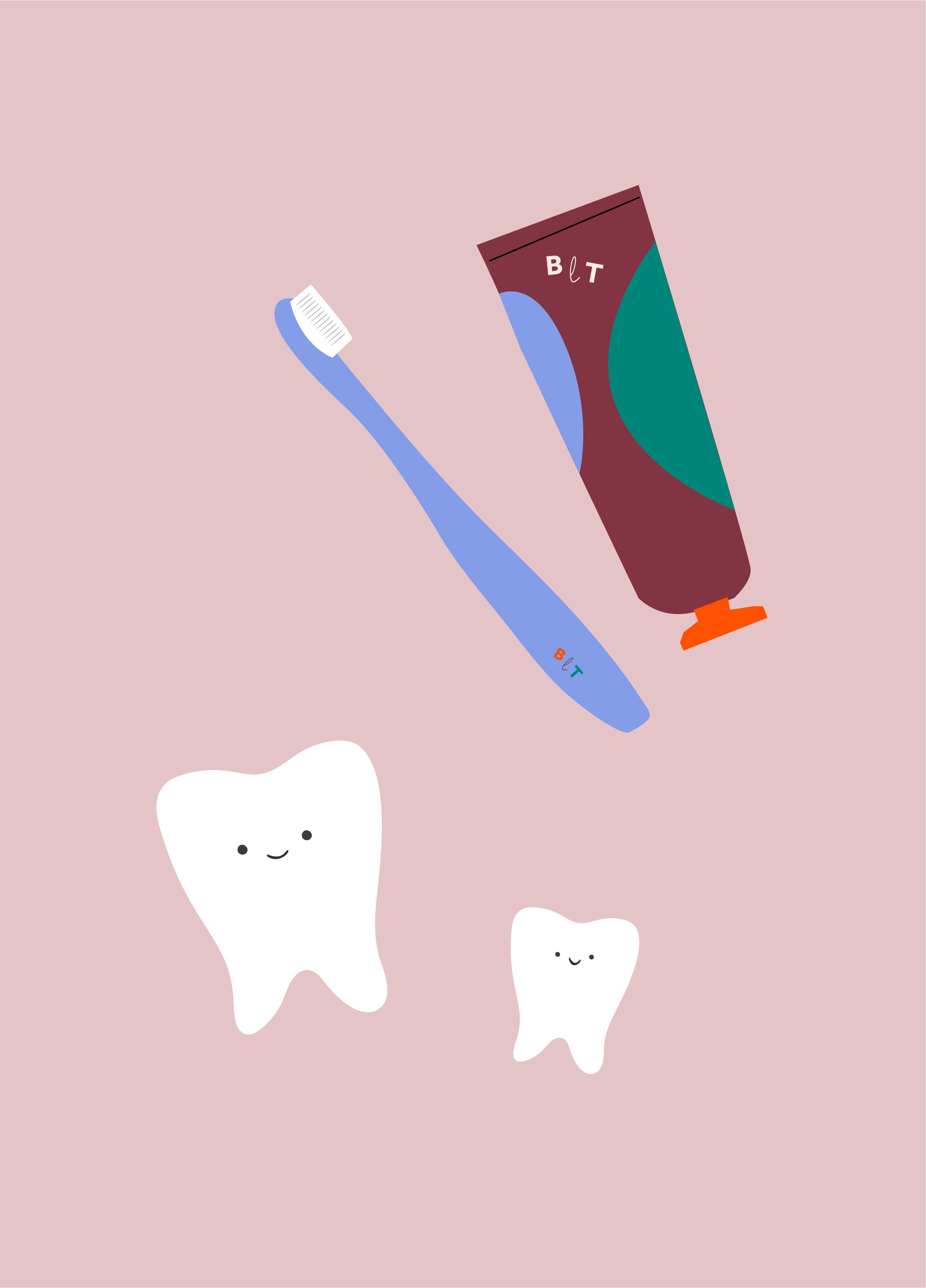 Illustration of two smiling teeth, a toothbrush, and a tube of toothpaste on a pink background.