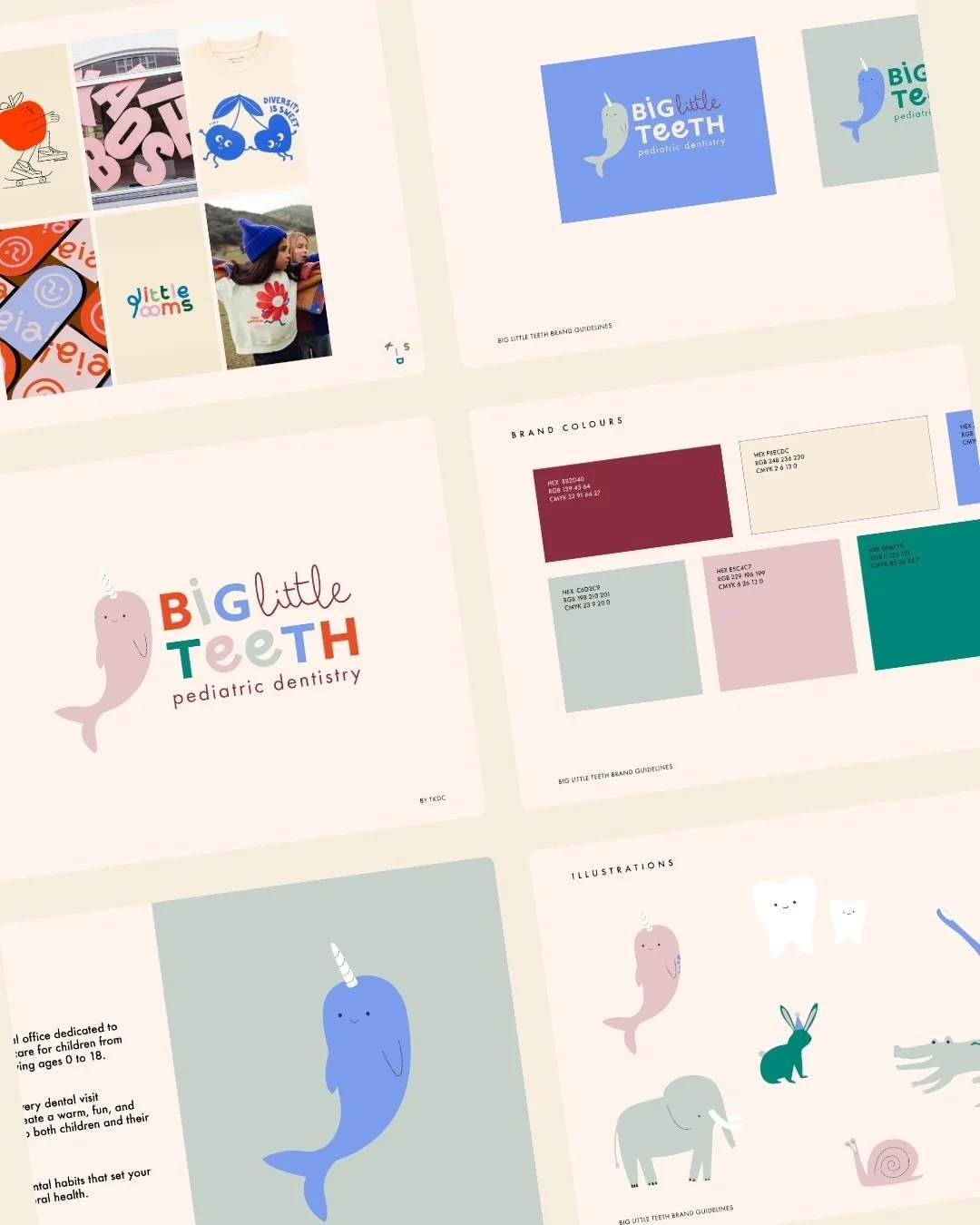 Brand guidelines for Big Little Teeth Pediatric Dentistry, including logo, color palette, illustrations of friendly animals and teeth, and photos of children wearing branded apparel.