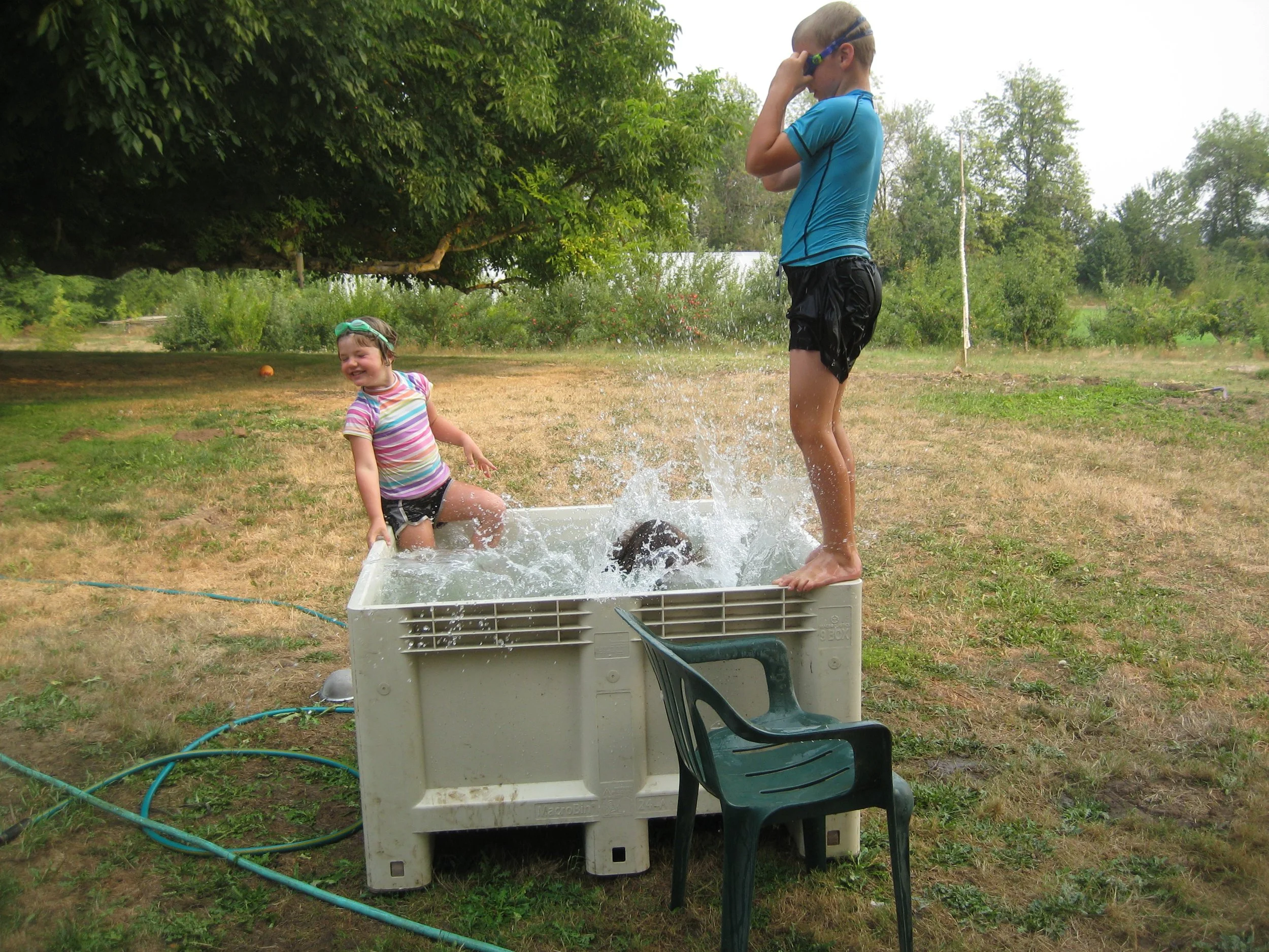 Image of children jumping into agrilcultural tote bin filled with water