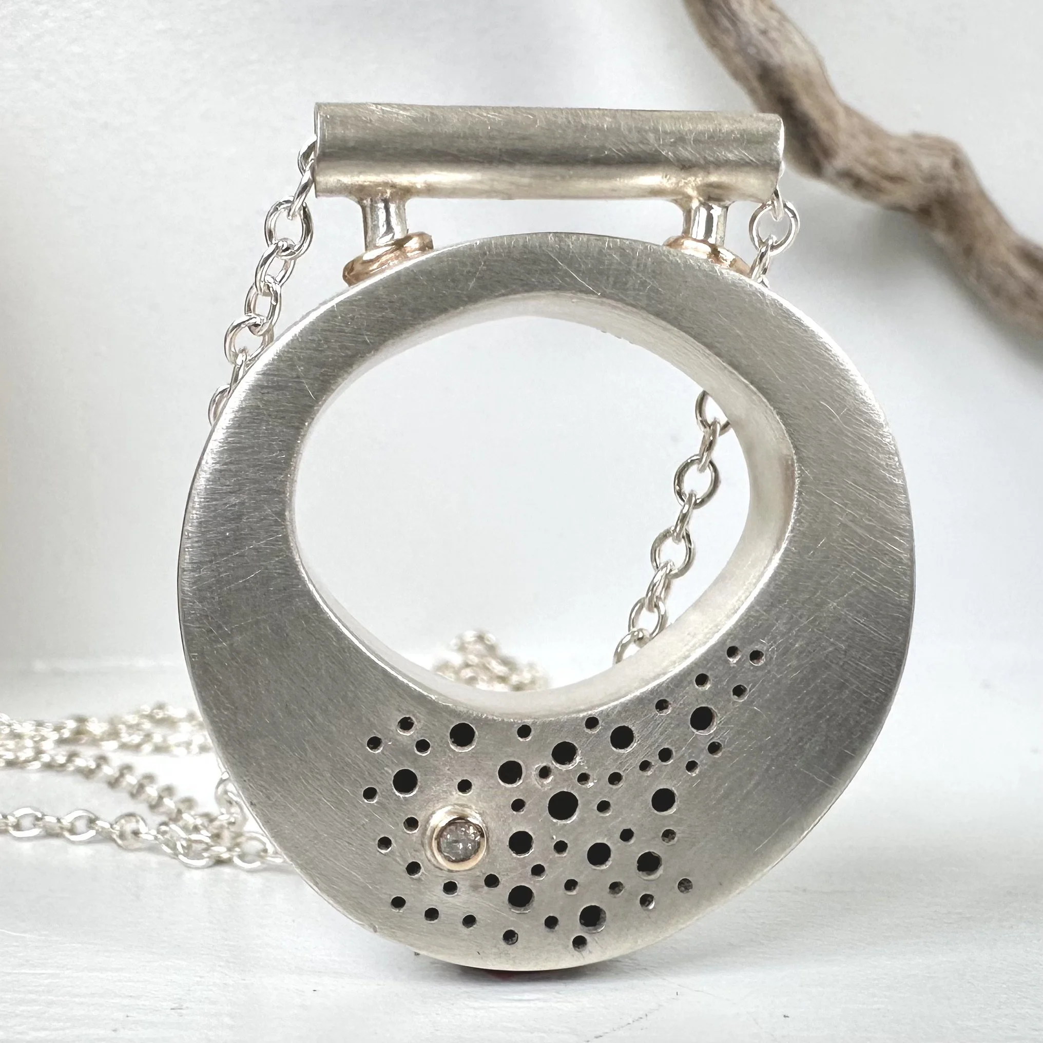 Thoughts Collection - Sterling Silver Hollow Form Necklace with 14kt gold Diamond setting