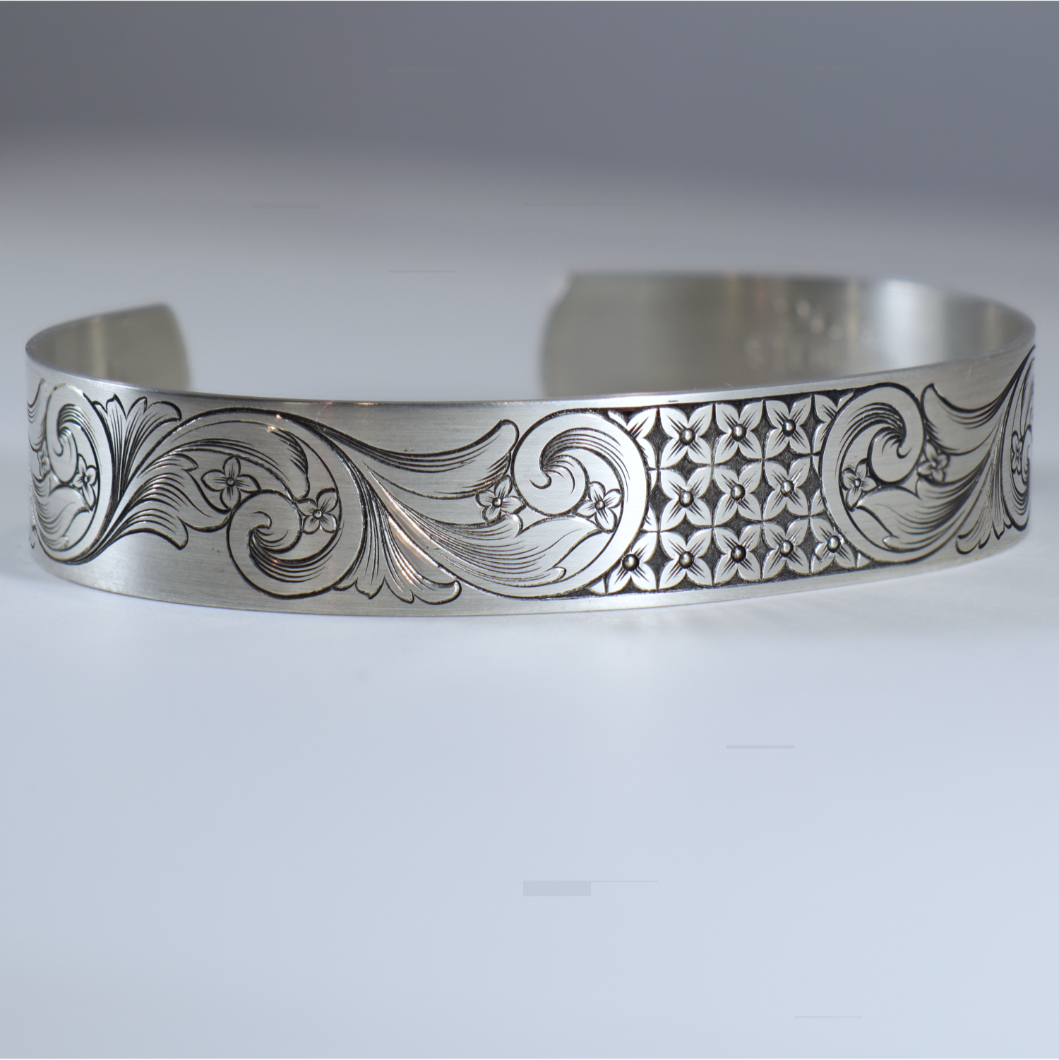 Hand Engraved Sterling Silver Primrose Cuff Bracelet