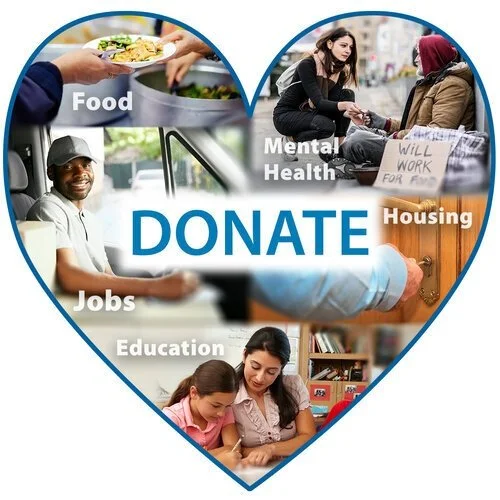 Catholic Charities Heart with pictures collage and donate suggestion.