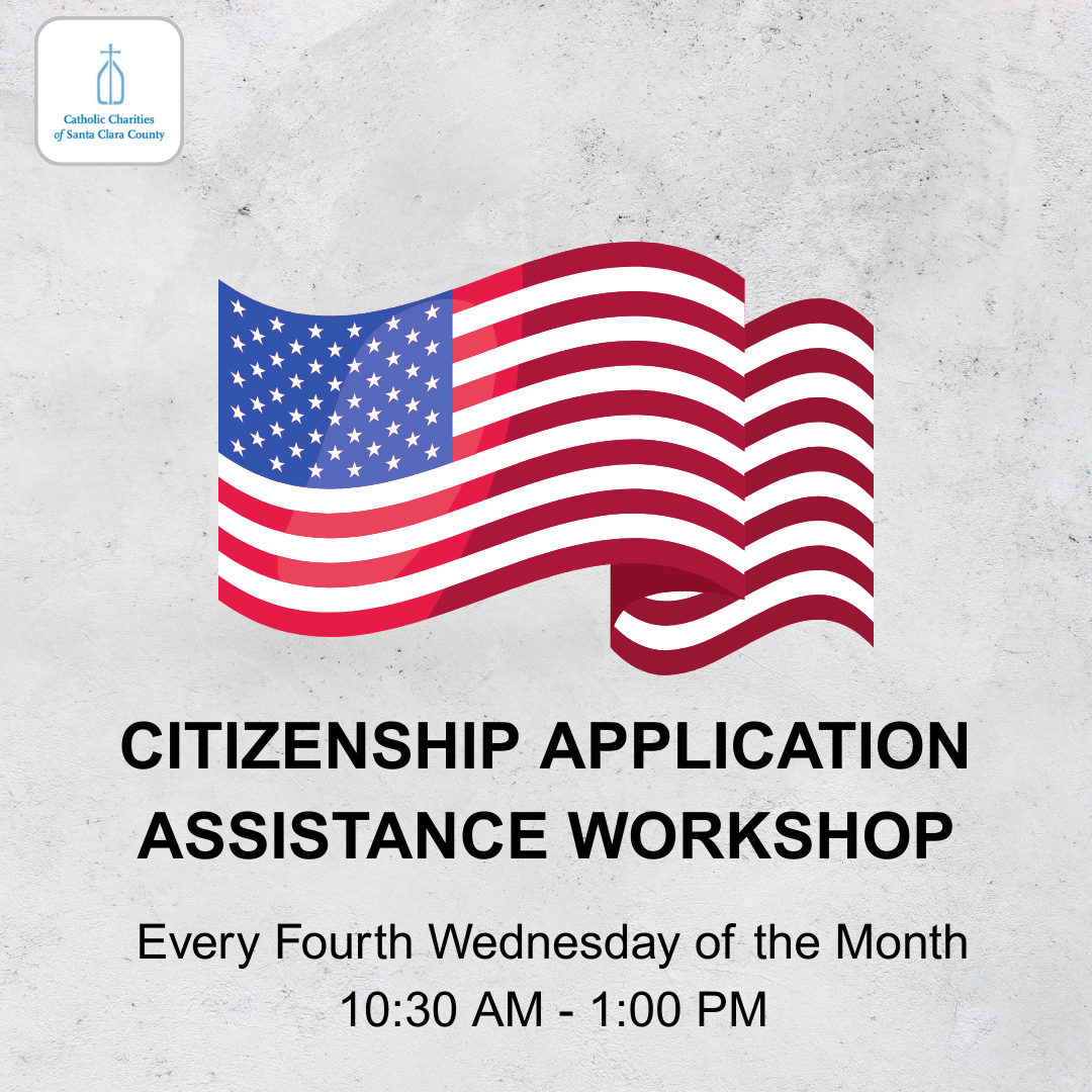 Banner with US flag announcing citizenship application workshop every fourth Wednesday of the Month from 10:30am to 1PM.