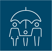 Two adults and a child covered by an umbrella