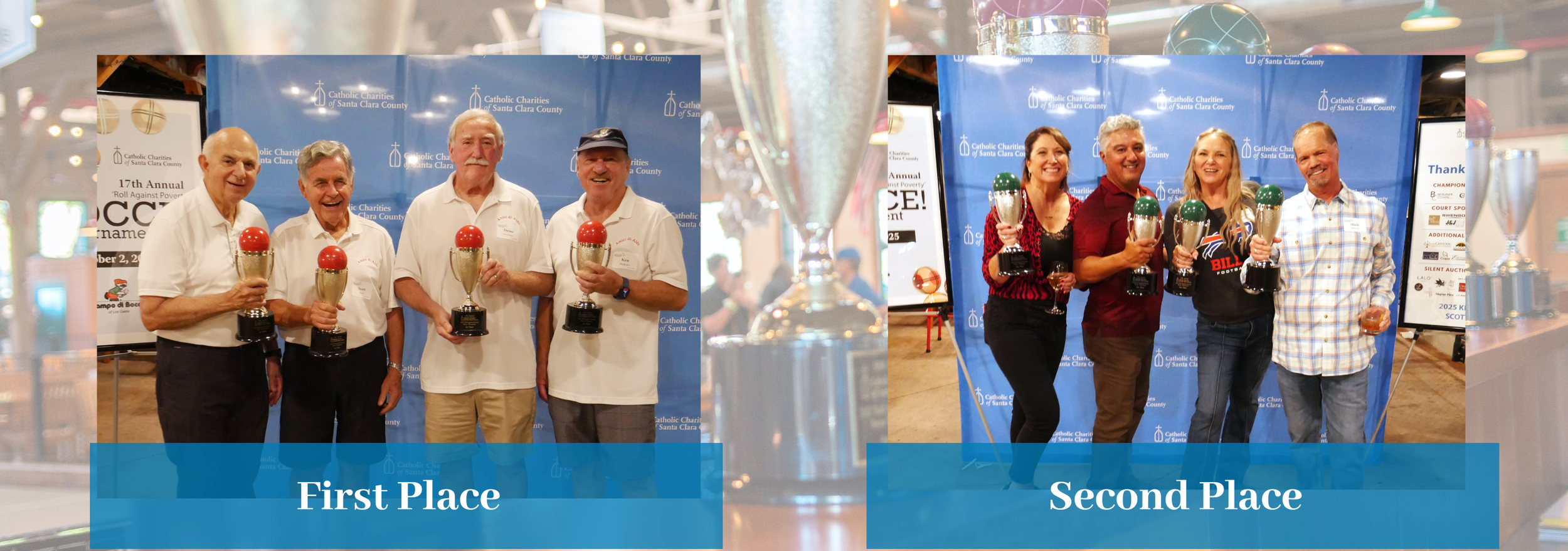 Group picture of the winners holding their trophies.