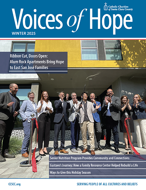 Cover of the Winter Edition of Voices of Hope with Mayor and CCSCC CEO in front of the Alum Rock Development.