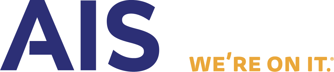 A logo with the text 'AIS' in large blue letters and smaller orange text 'WE'RE ON IT.'