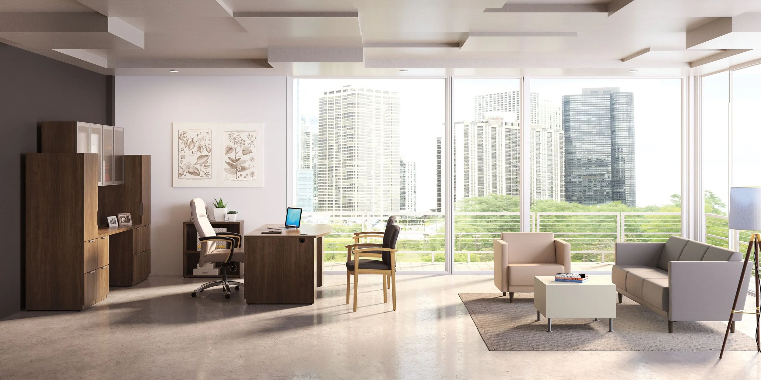 Modern office with large windows overlooking city skyline, desk with computer, sofa, armchair, coffee table, and floor lamp.