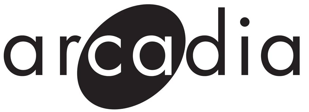 The word 'arcadia' in black lowercase letters, with the letter 'c' stylized as a black oval shape.
