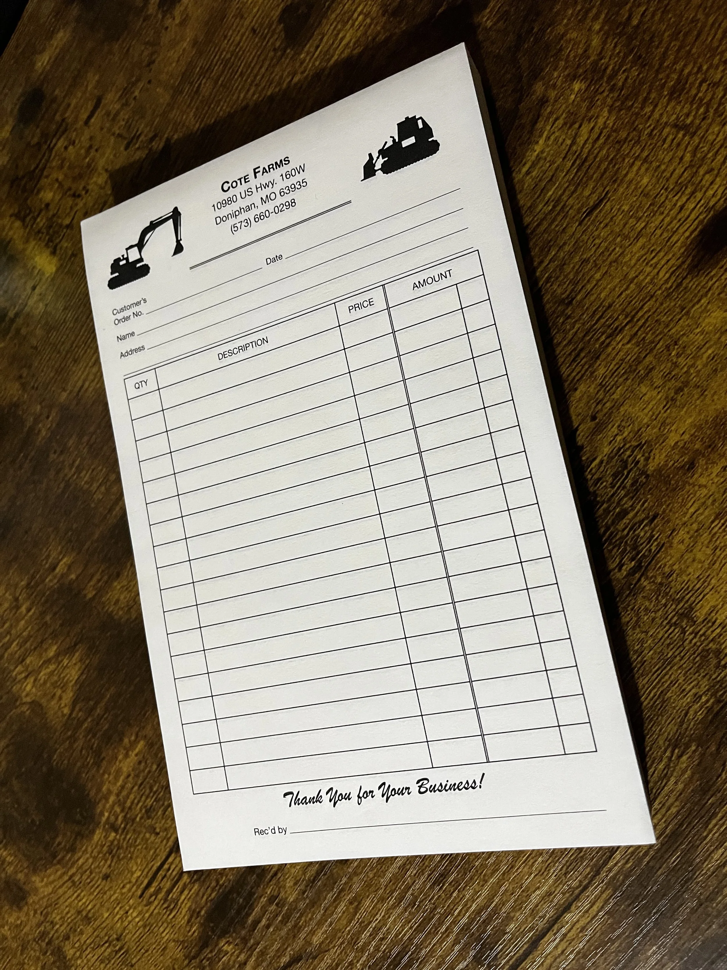 Cote Farms Invoice Pad