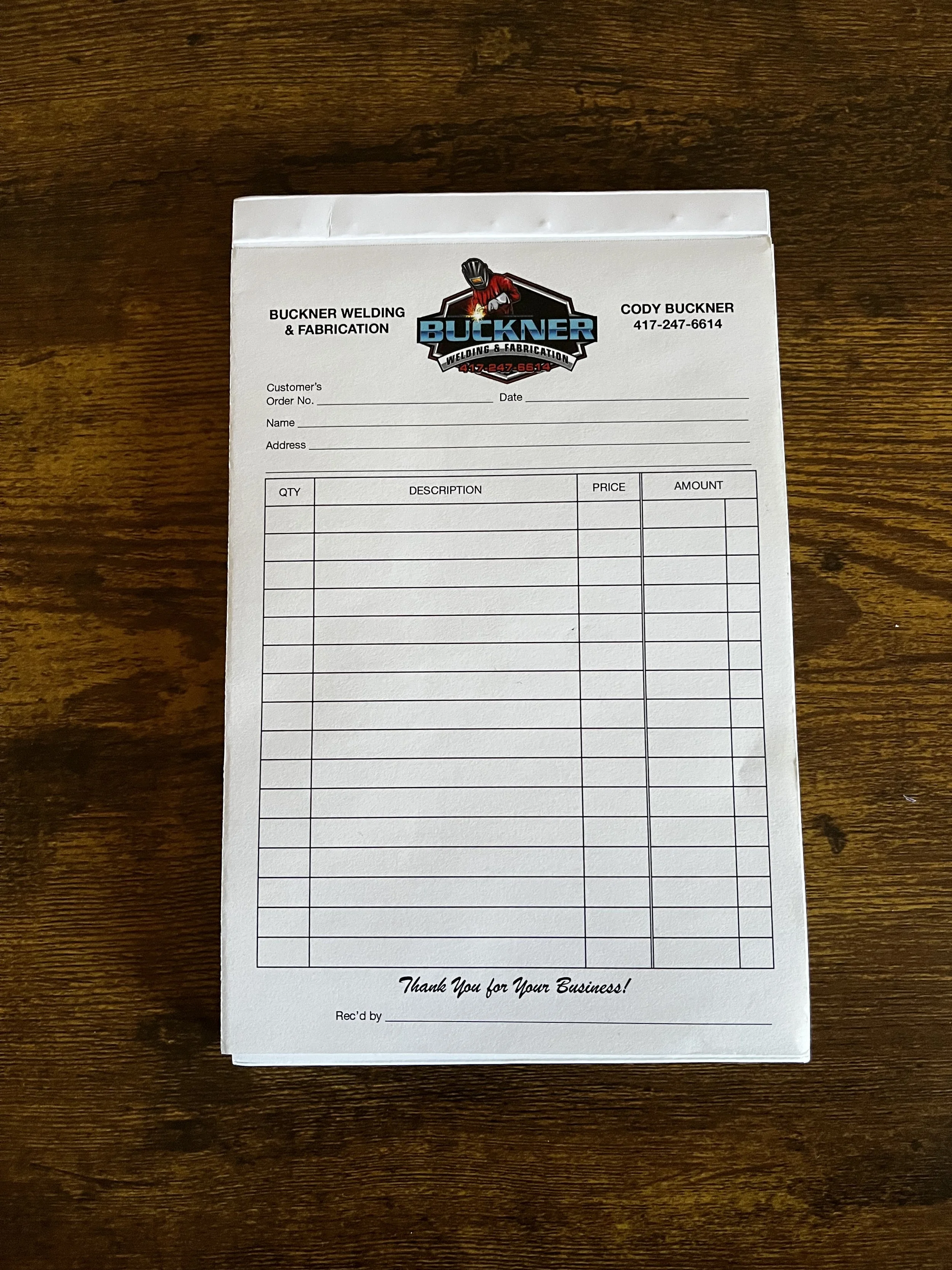 Buckner Welding Invoice Pad