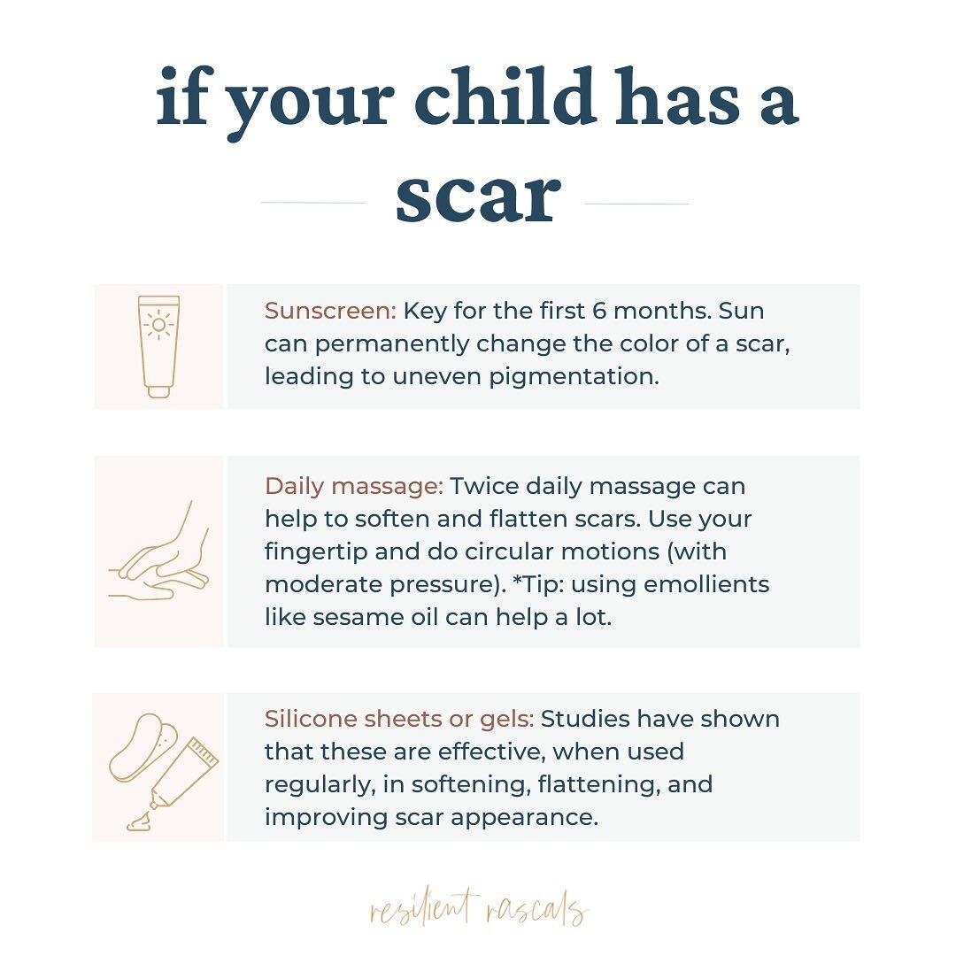 The toddler years are full of joy, chaos, and exploration. And if you have little daredevils like mine, you may find yourself dealing with falls and bonks. Here&rsquo;s what to do if your little one has a scar:
 
✅SUNSCREEN: Key for the first 6 month