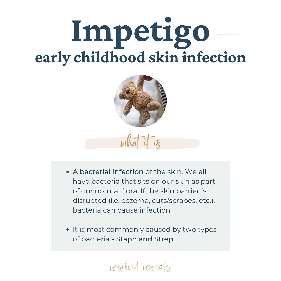 Here&rsquo;s one to save in case you ever need it! Impetigo is a skin infection that many kids can have in early childhood. Here&rsquo;s what to know: 
 
✅WHAT IT IS: 
+ A bacterial infection of the skin. We all have bacteria that sits on our skin as