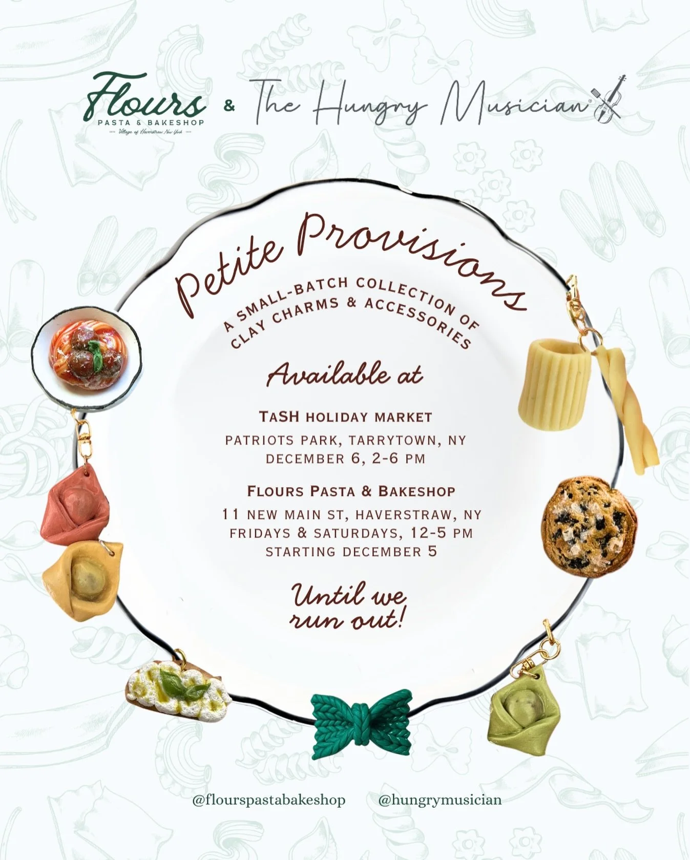 Secret&rsquo;s out: PASTA CHARMS are here for the holidays! ✨🍝

I&rsquo;ve teamed up with @flourspastabakeshop in Haverstraw, NY to bring you handmade polymer clay accessories inspired by their beloved pastas, baked goods, and caf&eacute; treats. Th