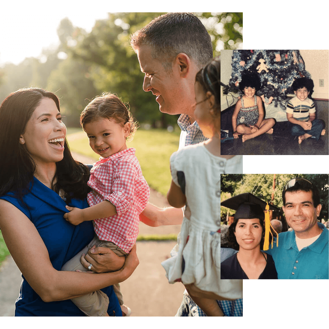 Michelle with her husband and twin children; Michelle and her brother as kids; Michelle with her dad at her college graduation