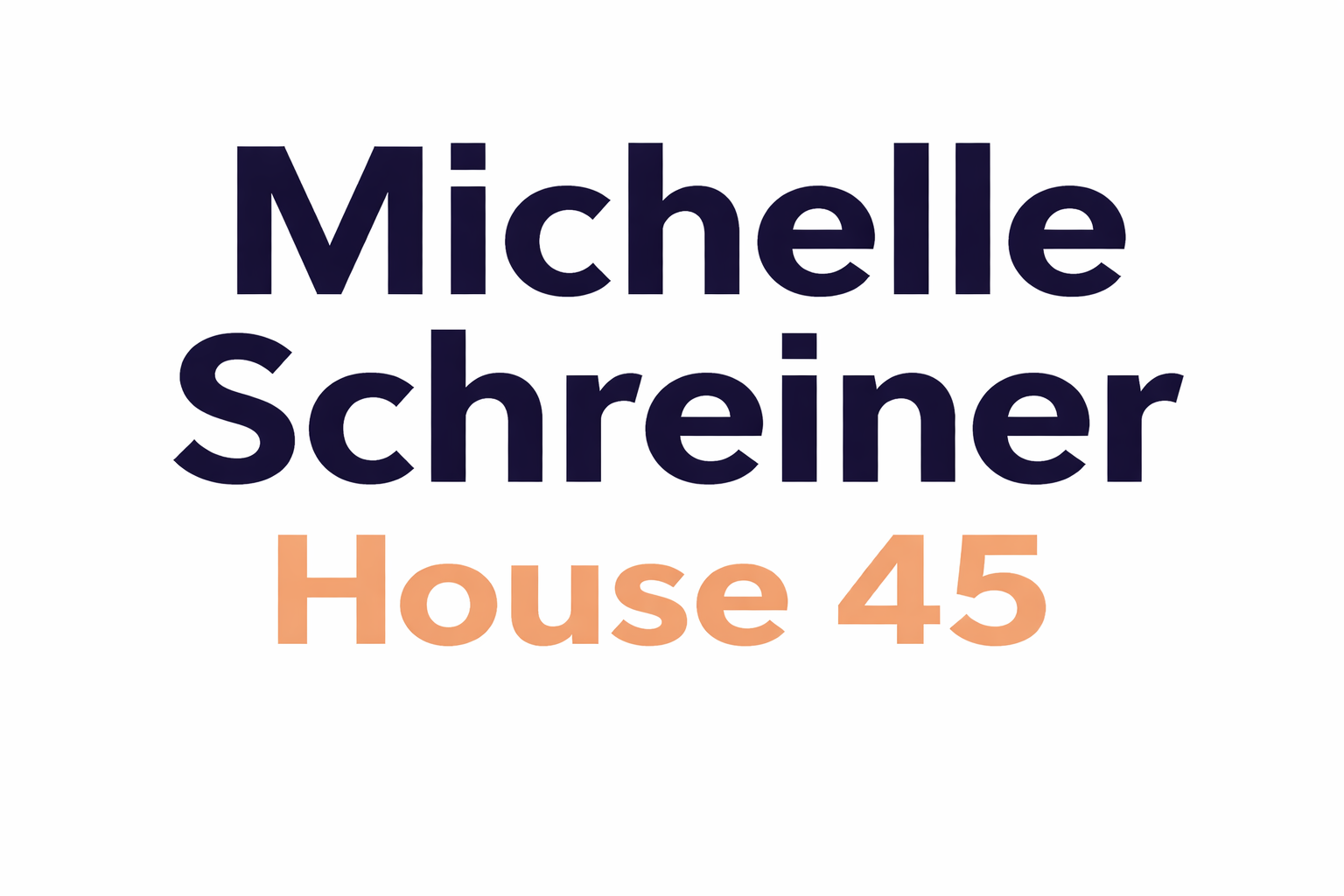 Text graphic with the name 'Michelle Schreiner' in large dark blue letters and 'House 45' in smaller orange letters.