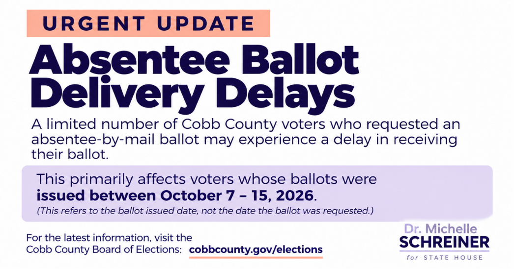 Cobb County absentee ballot delivery delay notice. Some ballots issued October 7–15, 2026, may be affected. Voters should check their ballot status and contact Cobb County Elections for guidance.