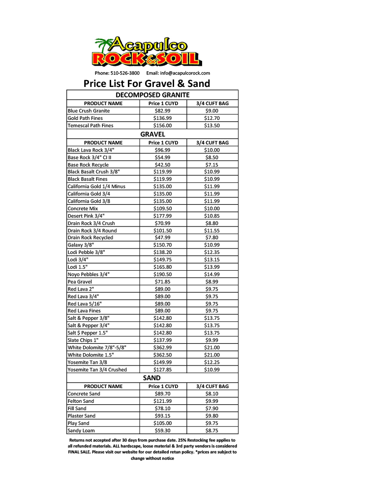 Price list for gravel and sand from Acapulco Rock &Soil, including various types of rock, gravel, and sand with prices for both by cubic yard and 3/4 cubic foot bag