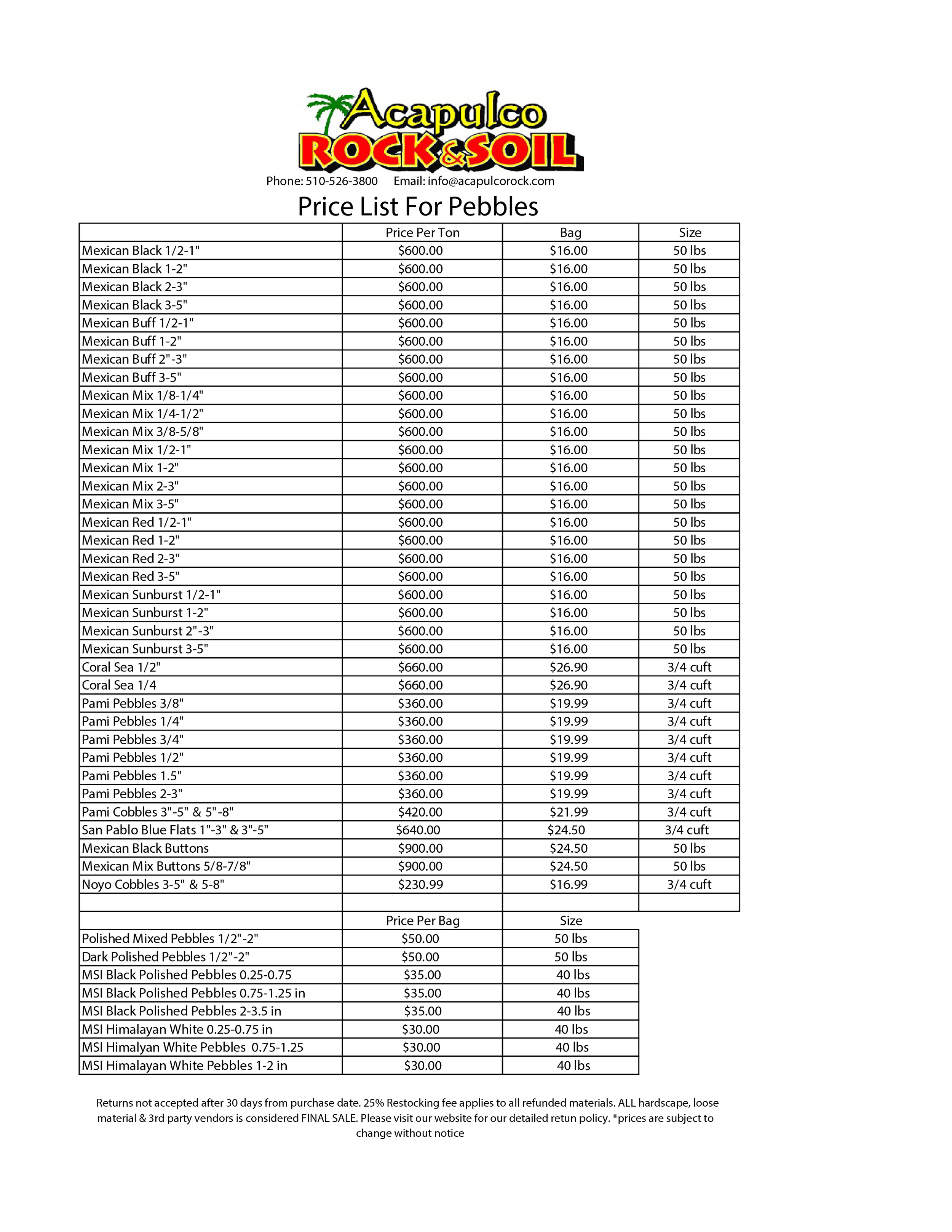 Price list for pebbles from Acapulco Rock & Soil, including various types such as Mexican Black, Mexican Buff, Mexican Mix, Red, Sunburst, Coral Sea, Pami Pebbles, and others, with prices per ton and bag options, and notes on bag weight limits and po
