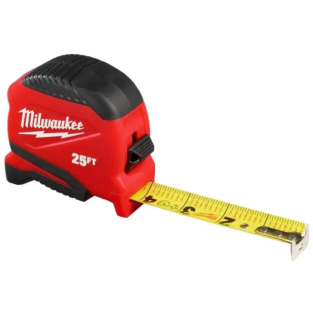 Milwaukee 48-22-1725 Compact Tape Measure, 25 ft L Blade, 1 in W Blade, Steel Blade, ABS Case, Black/Red Case