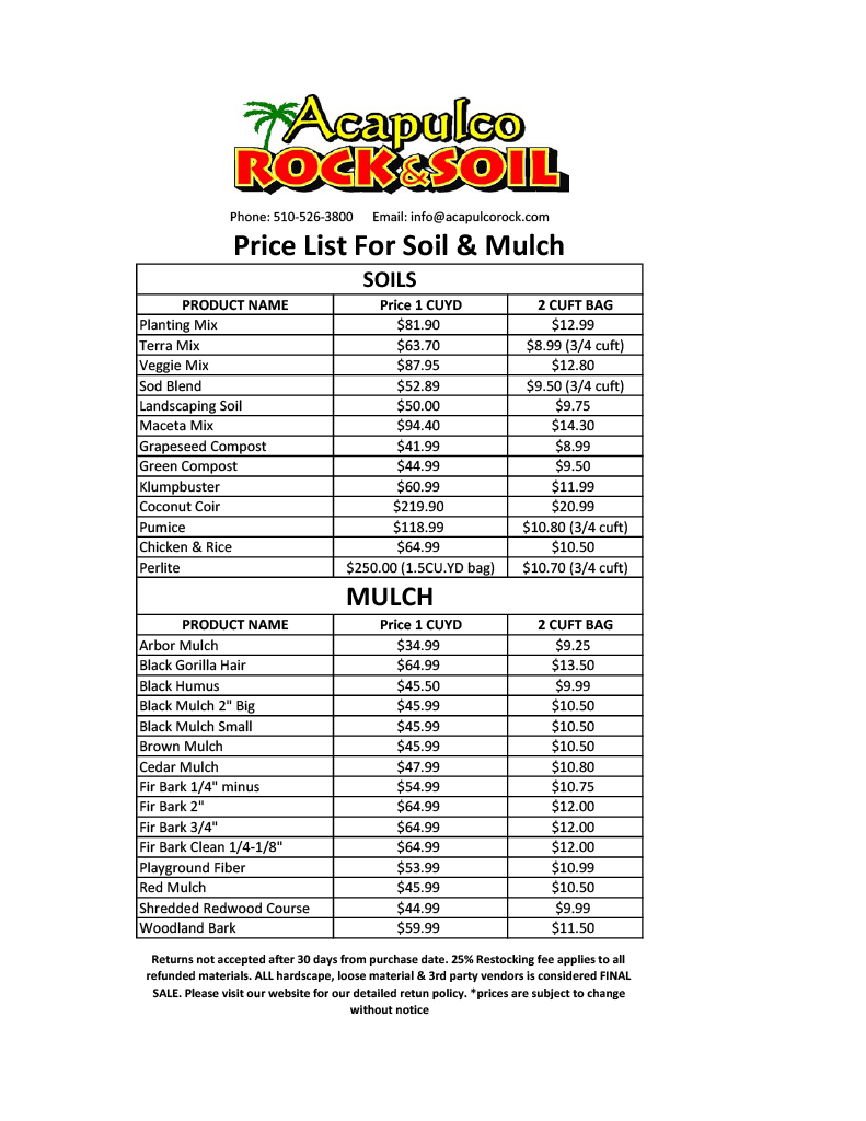Price list for soil and mulch at Acapulco Rock & soil store, listing various soil and mulch types with prices for one cubic yard and two cubic feet bags