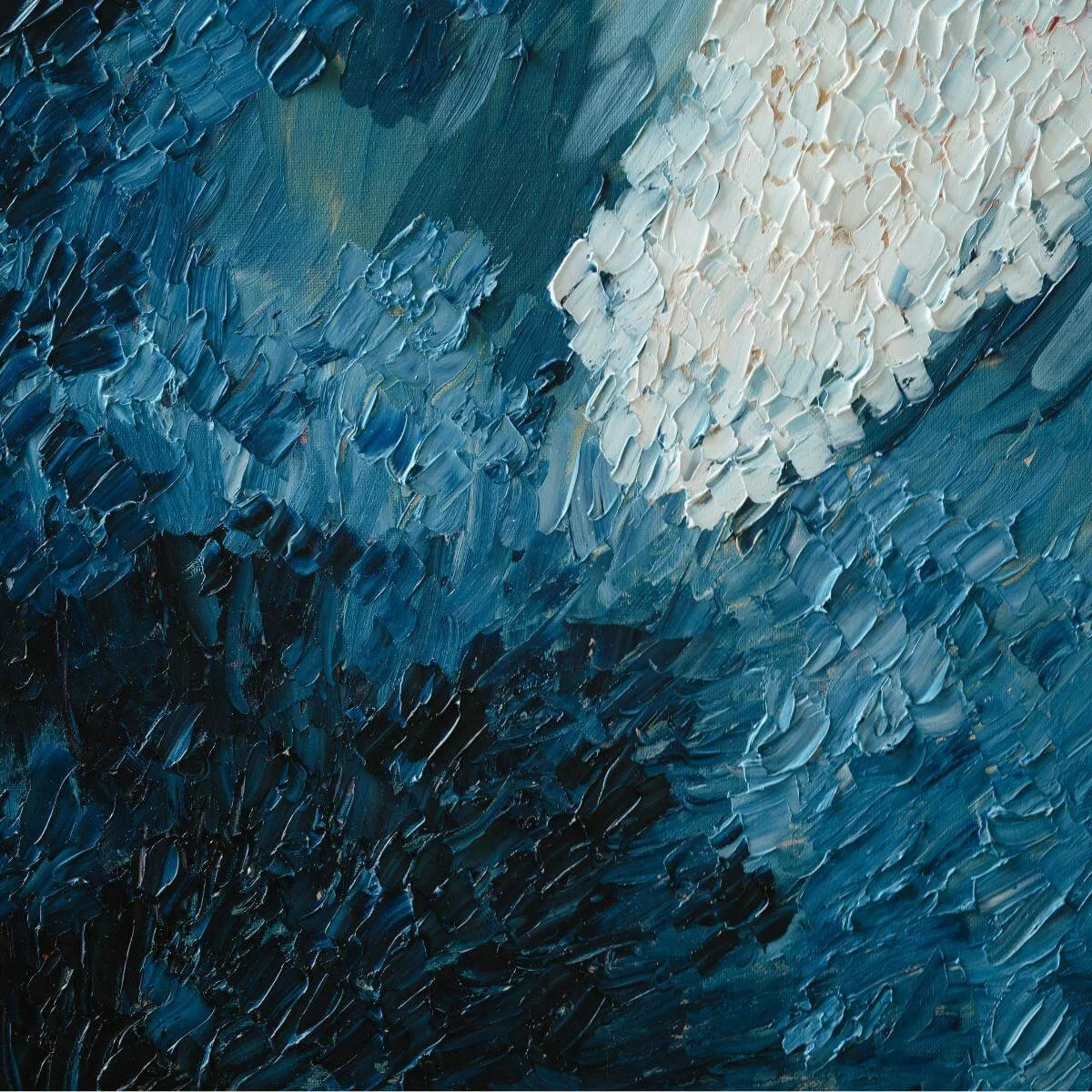 close up of the brush strokes of an Impressionist blue and white painting