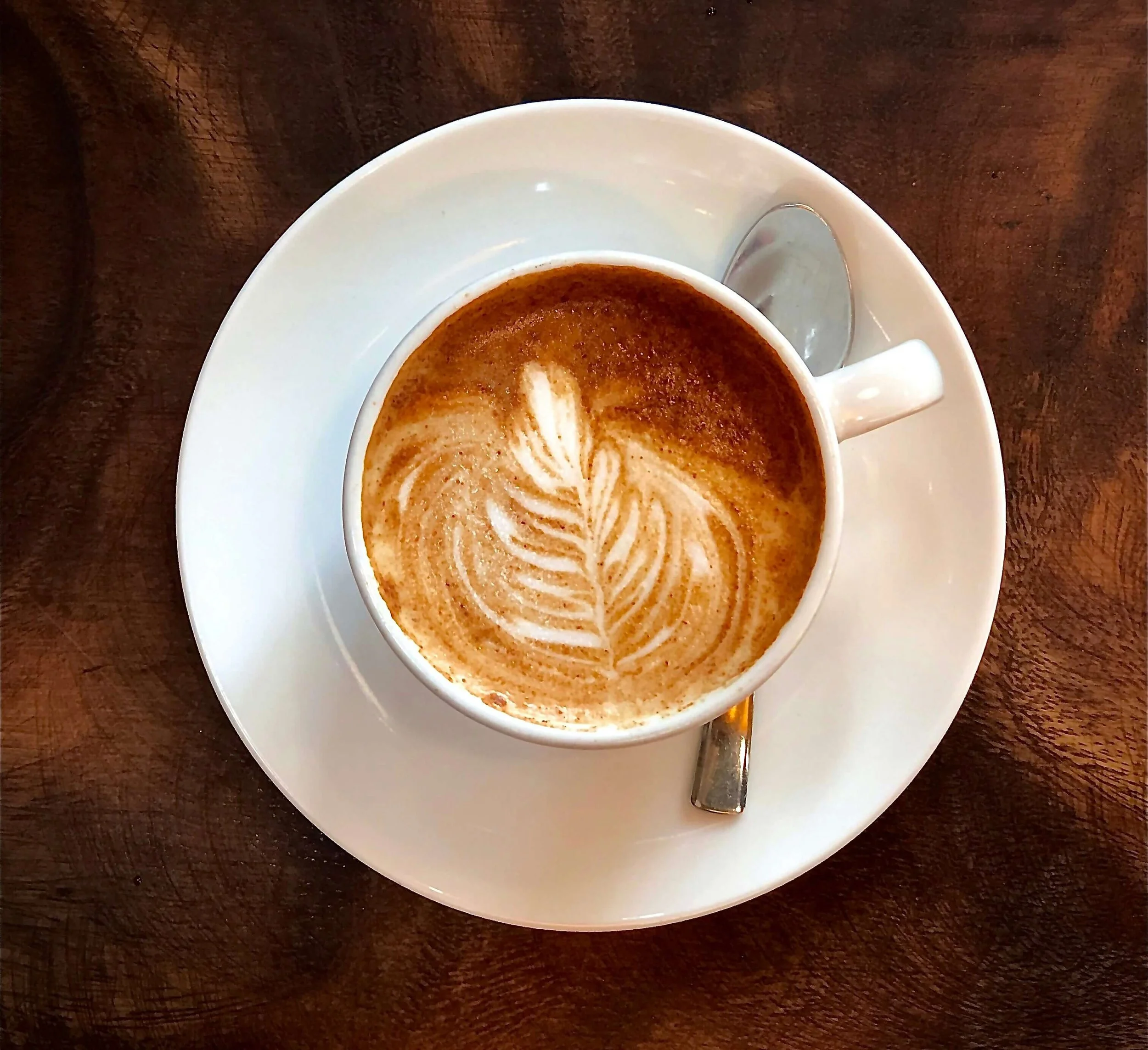 a cappuccino with a leaf drawn in the foam