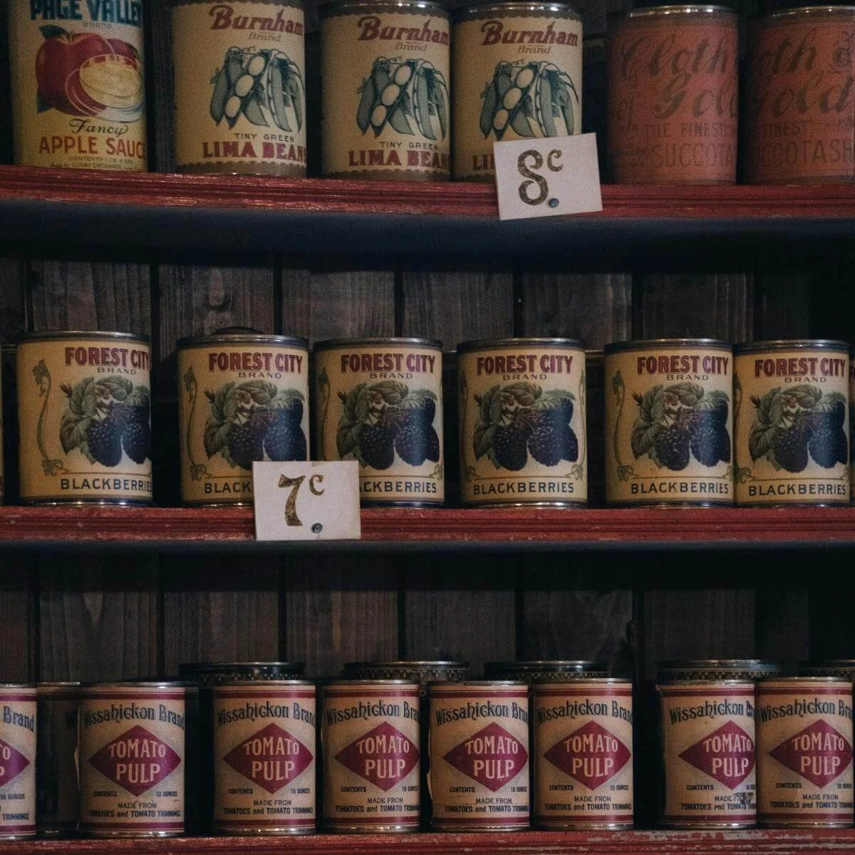 canned fruits and vegetables on a shelf at a grocery store