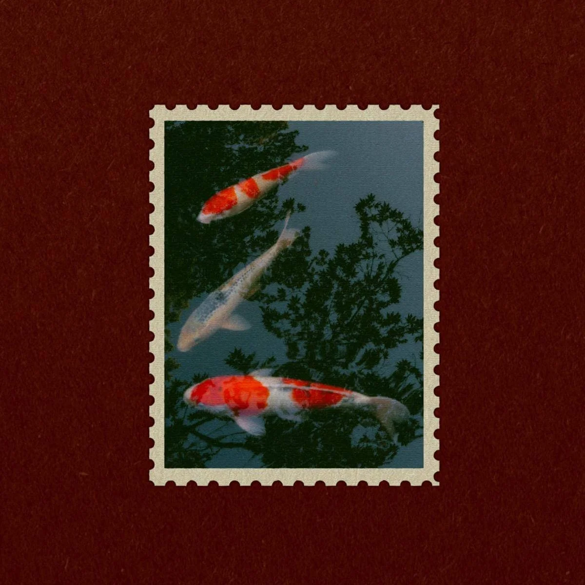 a koi pond stamp on a red background