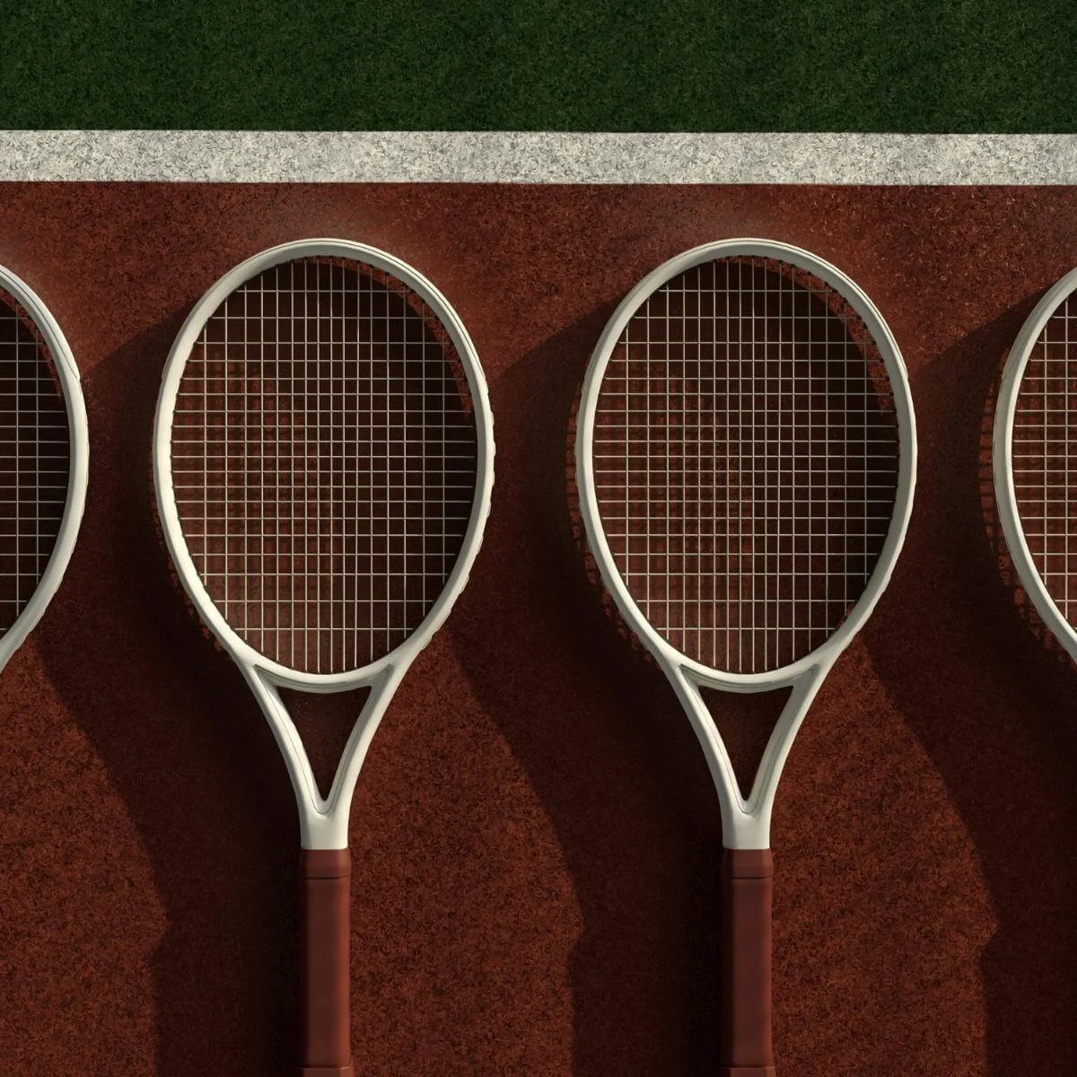 tennis racquets lined up on a tennis court