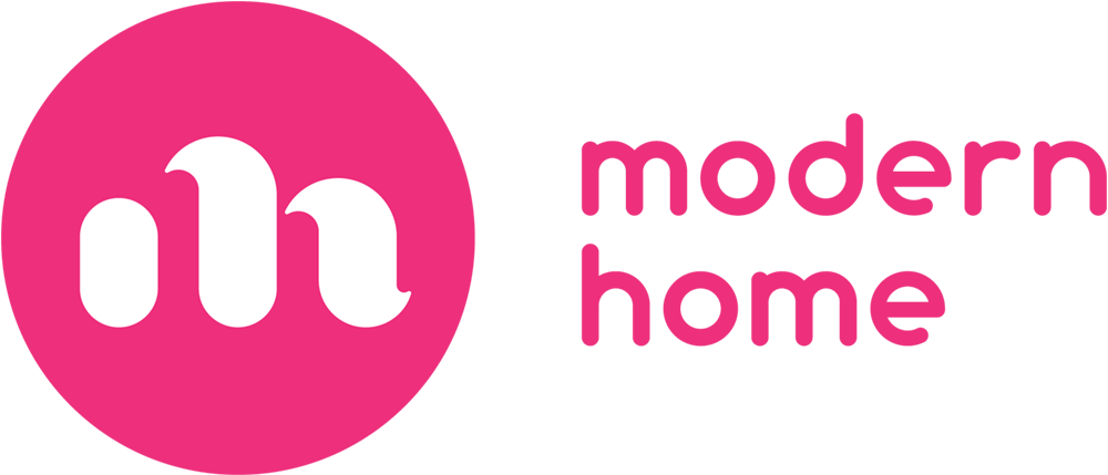 White abstract logo on a pink background.