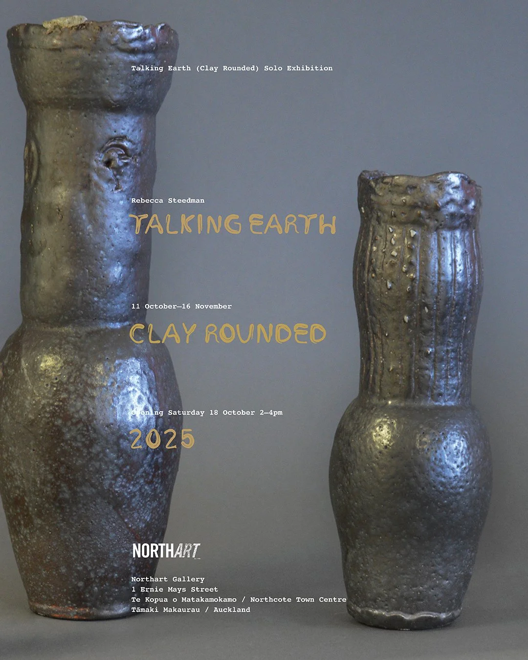Announcing Rebecca Steedman's solo Exhibition - Talking Earth - Clay Rounded. A selection of salt glazed ceramic pieces, and engaging rounded typeface. Exploring the clay under our feet in Kaipātiki. On show 11th October - 16th November!