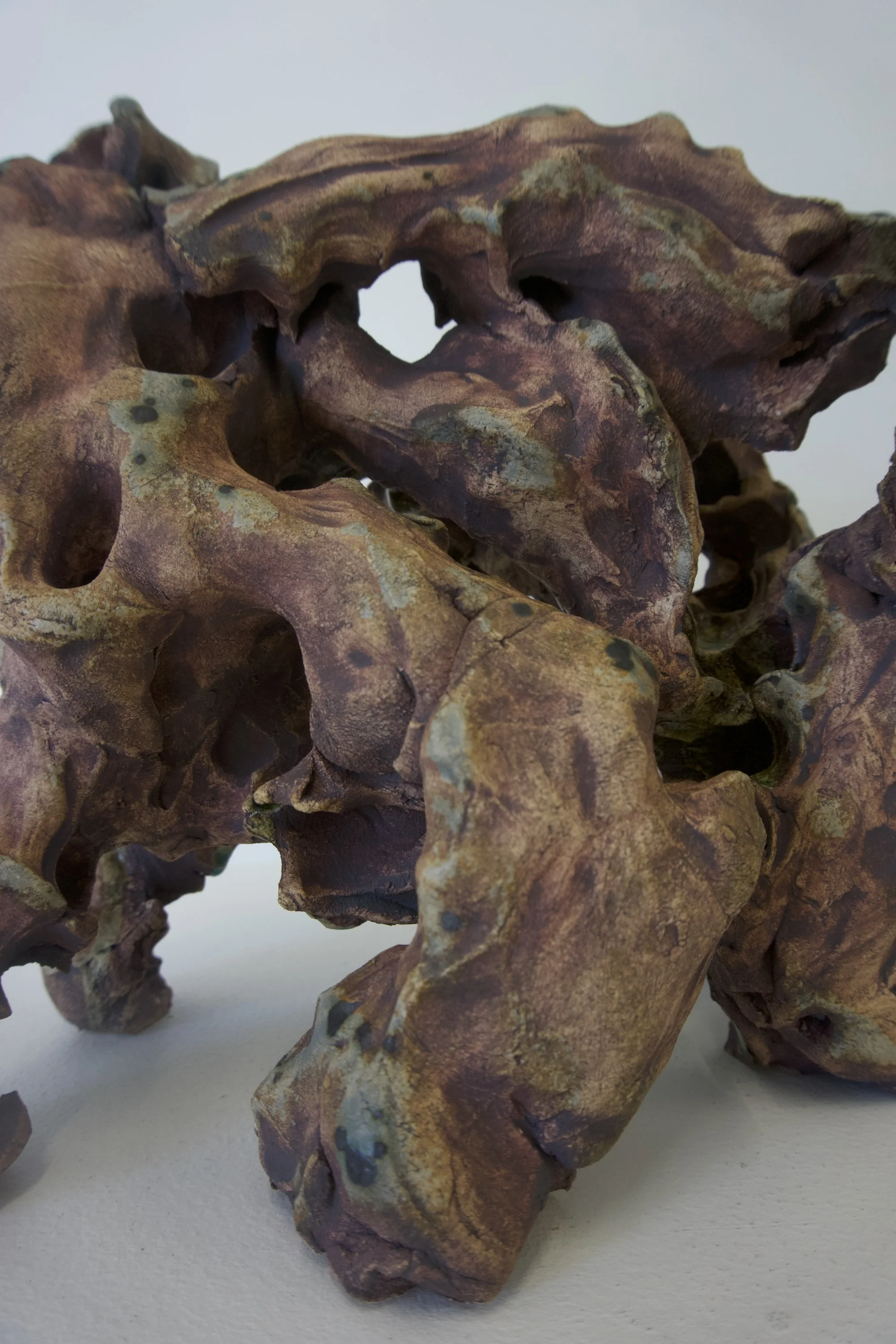 A close-up image of a clay creation by Rix Meaker a cluster of irregularly shaped, textured, rugged surface and natural earthy tones.