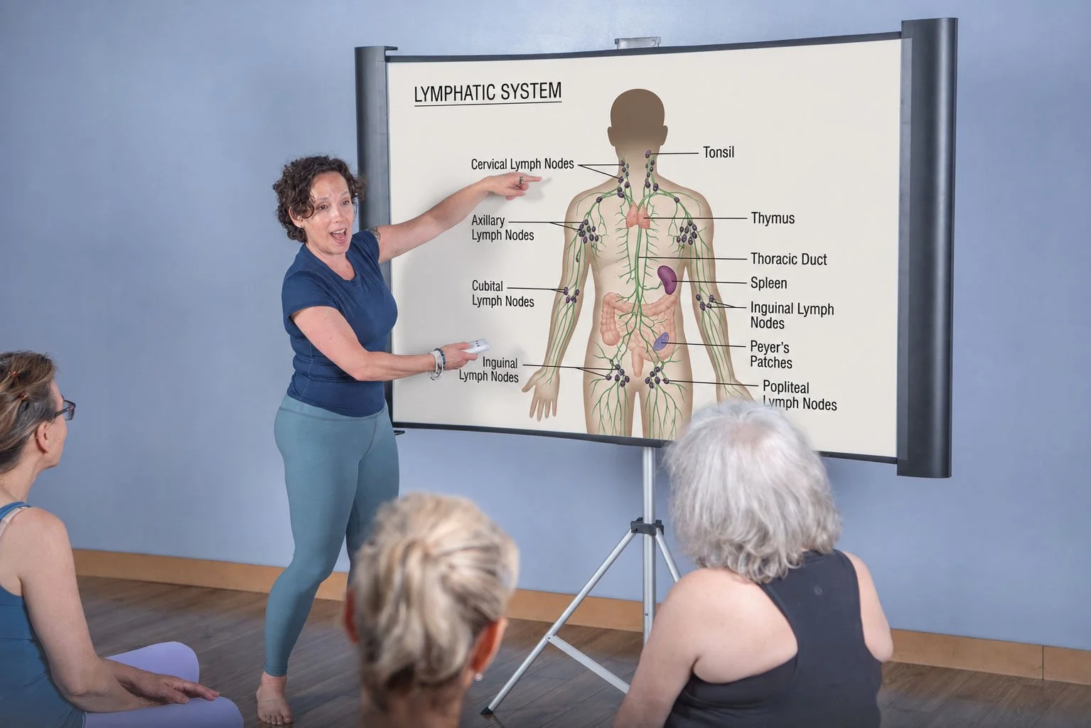 Jennifer Golden is giving a lecture on the lymphatic system to a group of women, pointing at a diagram of the human body on a large vertical whiteboard with labeled lymph nodes and organs.
