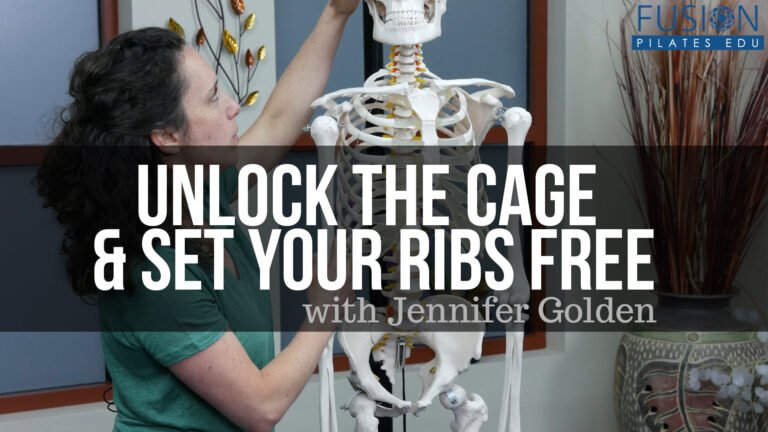 Jennifer Golden demonstrating on a skeleton model in a room with decorative plants and artwork, with a text overlay promoting Unlock the Cage & Set Your Ribs Free course.