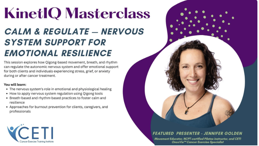 Promotional flyer for KinetIQ Masterclass on nervous system support for emotional resilience, featuring a smiling woman, Jennifer Golden, as the featured presenter, with CETI logo at the bottom.