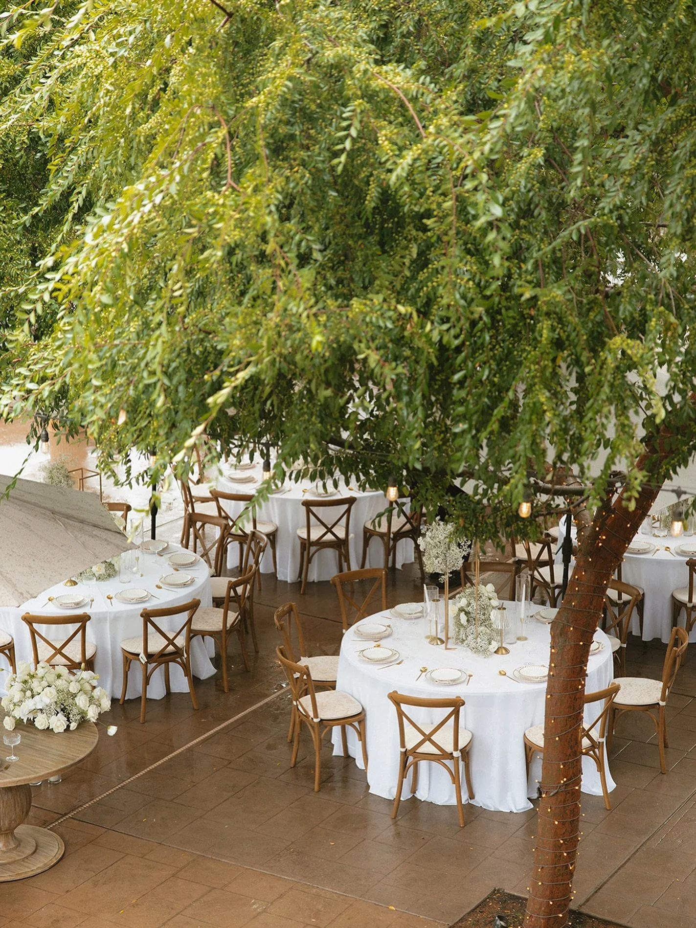 Even after a morning rain shower, this timeless outdoor setup shined beautifully &mdash; white linens, wood accents, and romantic natural greens 🌿

@wolfeheights 
@eventsbynicki 
@whiteblossomrentals 
@ek_floraldesign 
@emmabophotography 
@yarikpetr