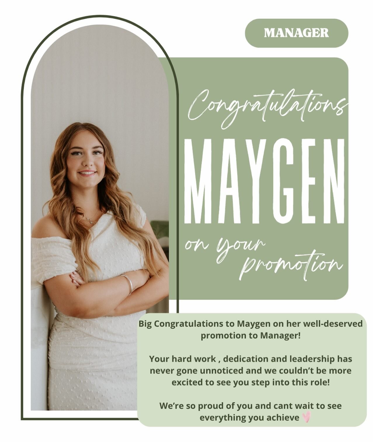 A Big Congratulations to our girl Maygen 🥰

Your hard work, positivity and leadership has made such an impact and we&rsquo;re excited to see you thrive in this next chapter 🤍

So proud of you 🫶🏼