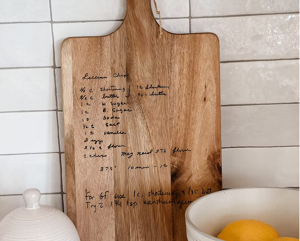 Custom wooden charcuterie board with engraved family recipe