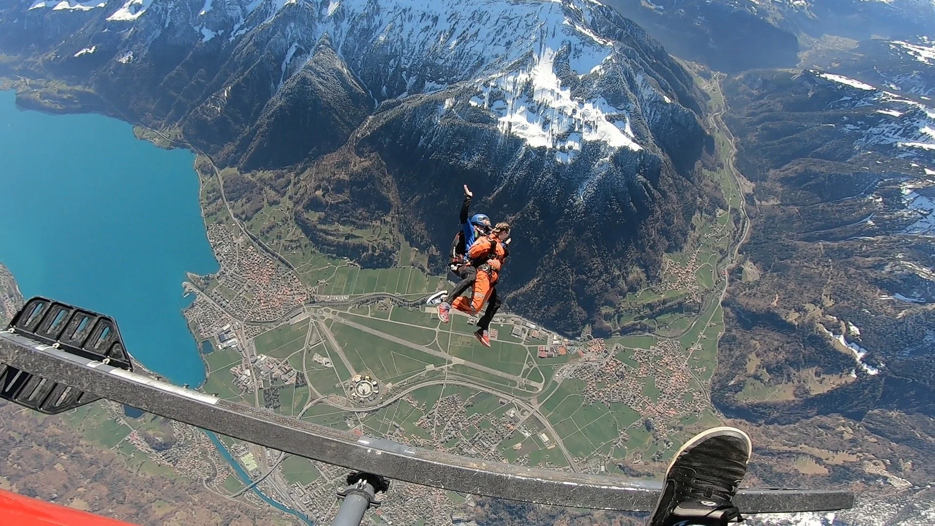 free falling in a tandem skydive over the Swiss Alps in a tandem skydive in Interlaken, Switzerland with Skydive Interlaken