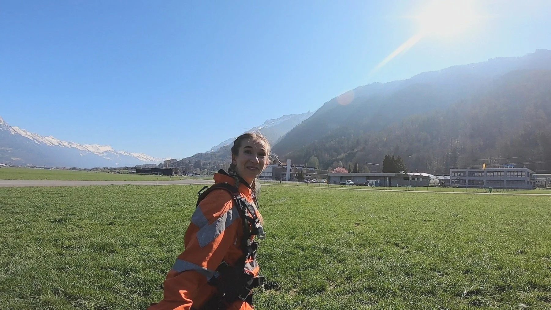 Landing after a tandem skydive over the Swiss Alps in Interlaken, Switzerland with the company Skydive Interlaken