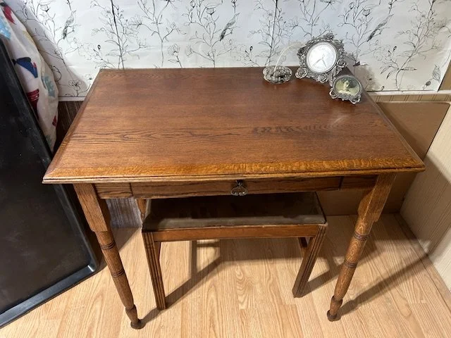 Solid Oak Vintage Turned Leg Table with Drawer